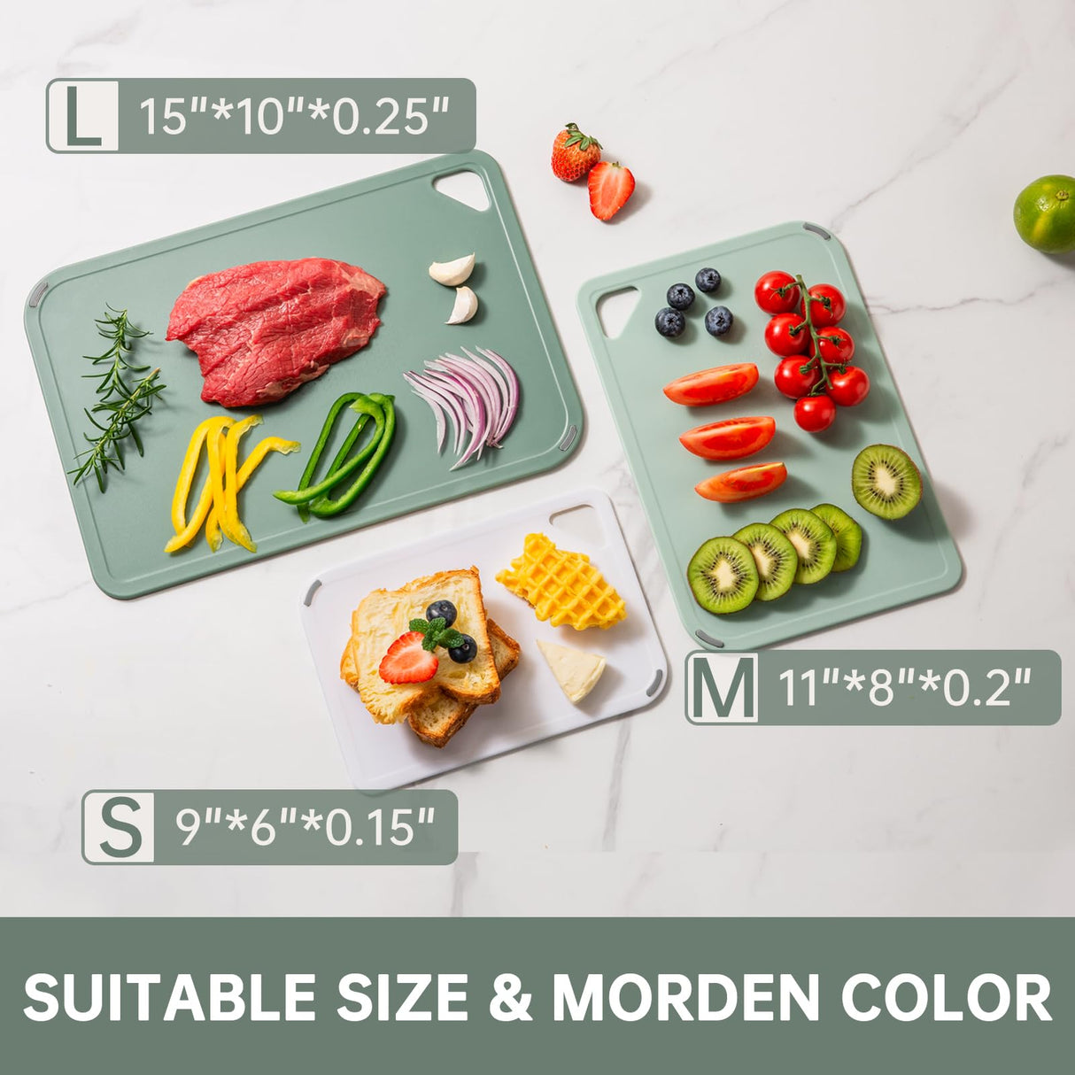 Plastic Cutting Board Set of 3-Cutting Boards for Kitchen BPA Free, Large-Small Chopping Boards Non-Slip for Cooking Camping Dishwasher Safe, Reversible, with Grip Handle, 15"×10"×0.25" Green