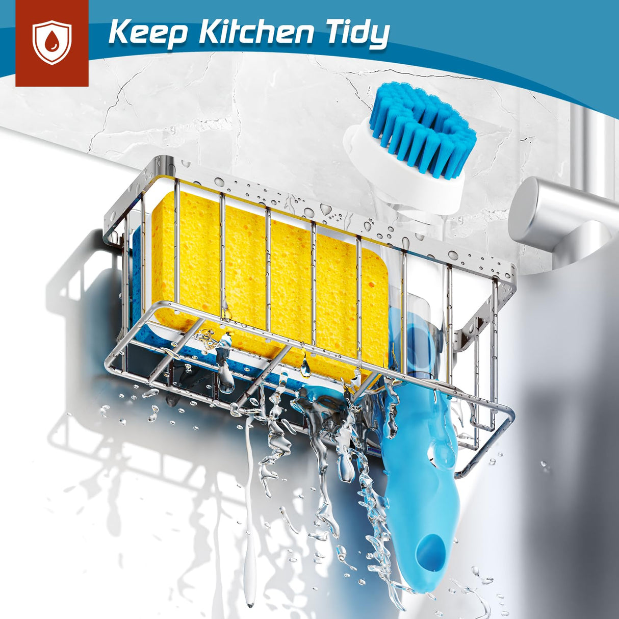 Sponge Holder for Kitchen Sink,Sink Caddy Organizer with Suction Cups/Adhesive Strips,Dish Sponge Holder Design for Sponges,Scrubber,Stoppers-Silver