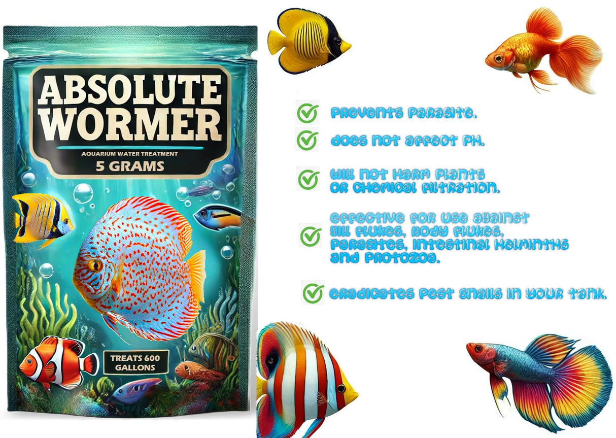 Absolute Wormer - Freshwater and Saltwater Fish Powder Medication. with parasites and Flukes. (5G - Treats 600 GALLONS)