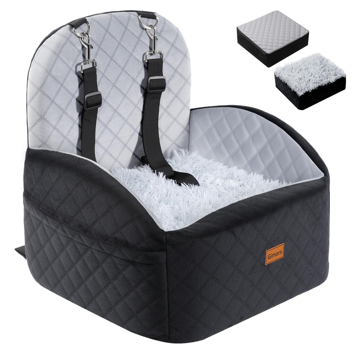 Gimars Upgrade Dog Car Seat with Reversible Long & Short Plush Seat Cushion for Small/Medium Dogs Up to 40lbs, Detachable Washable Anti-Slip Dog Booster Seat with 5.9'' 28D Egg-Crate Foam, S