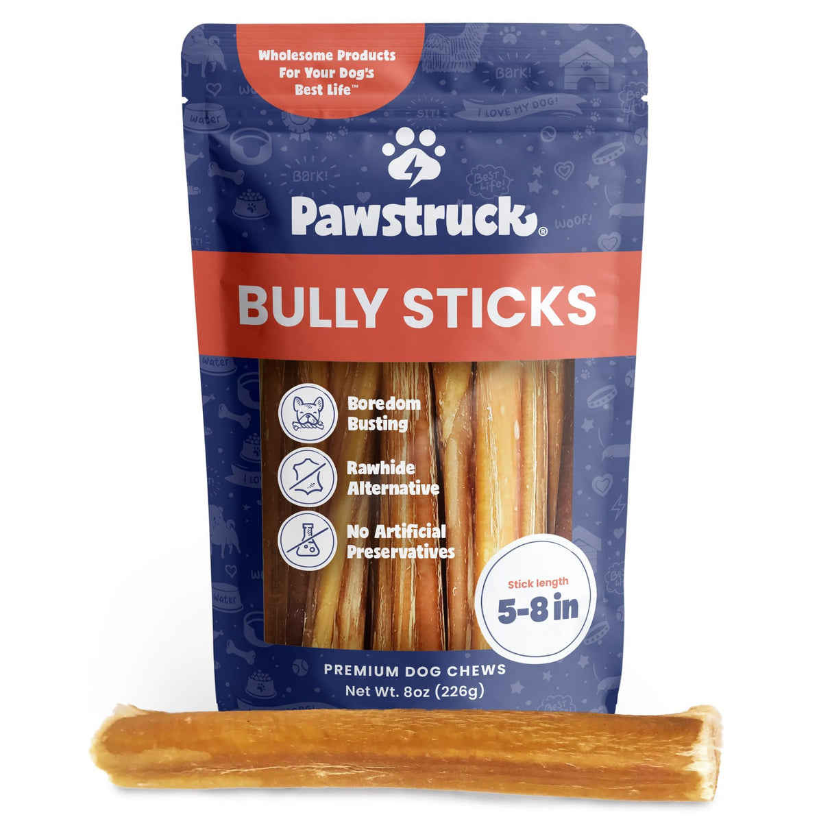 Pawstruck Natural 5-8" Bully Sticks for Dogs - Best Long-Lasting, Rawhide-Free, Low Odor Dental Chew Treat - Healthy Single Ingredient, 100% Real Beef - 8 oz Bag - Packaging May Vary