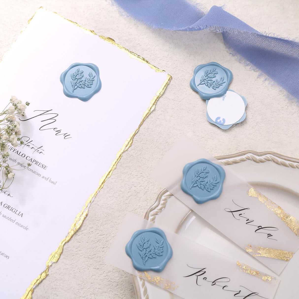 UNIQOOO Wax Seal Stickers - Eucalyptus Wedding Invitation Envelope Seal Stickers, 100 Pcs Self- Adhesive Dusty Blue Stickers, Perfect for Invitation, Christmas, Gift Wrapping, Party