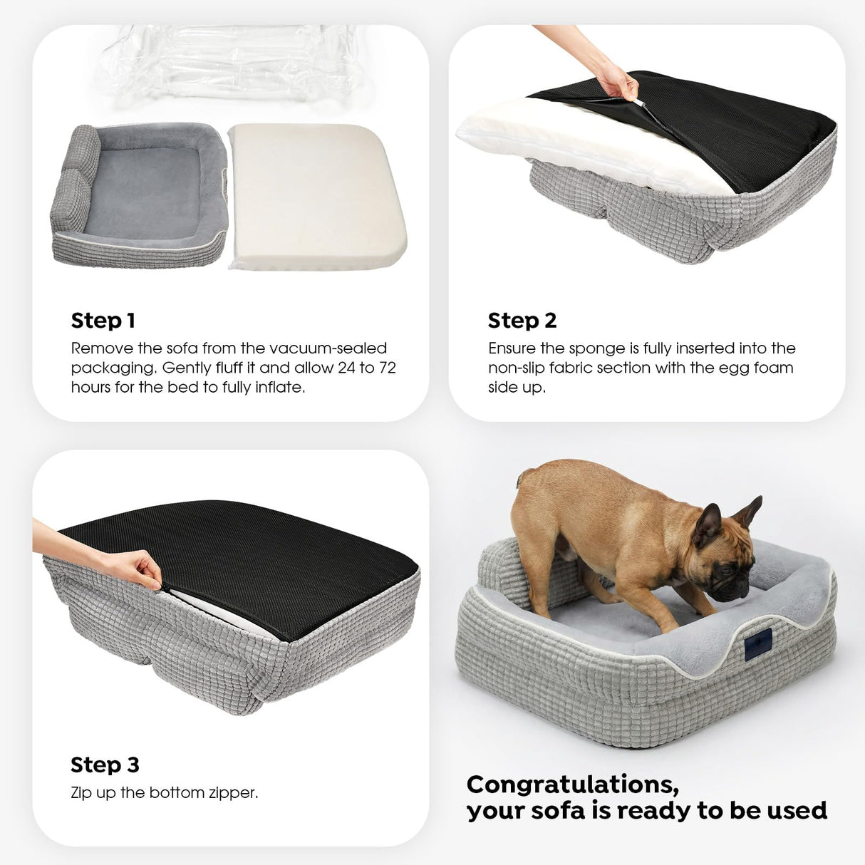 Veehoo Cute Dog Bed for Large Dogs, Orthopedic Egg-Crate Foam Dog Bed with Sides, Removable Washable Cover & Waterproof Lining, Comfortable Pet Couch Pet Sofa Grey, 36"