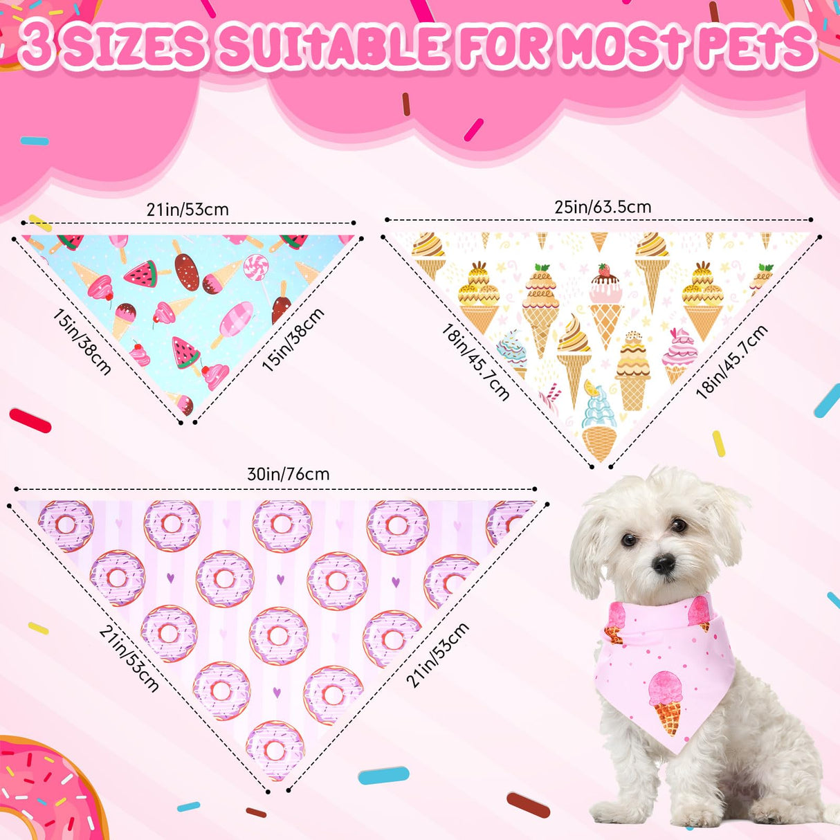 Huhumy 100 Pcs Dog Bandanas Bulk Hawaiian Dog Bandanas Summer 3 Sizes Washable Adjustable Scarf for Beach Small Medium Large Pet Supplies(Donut)