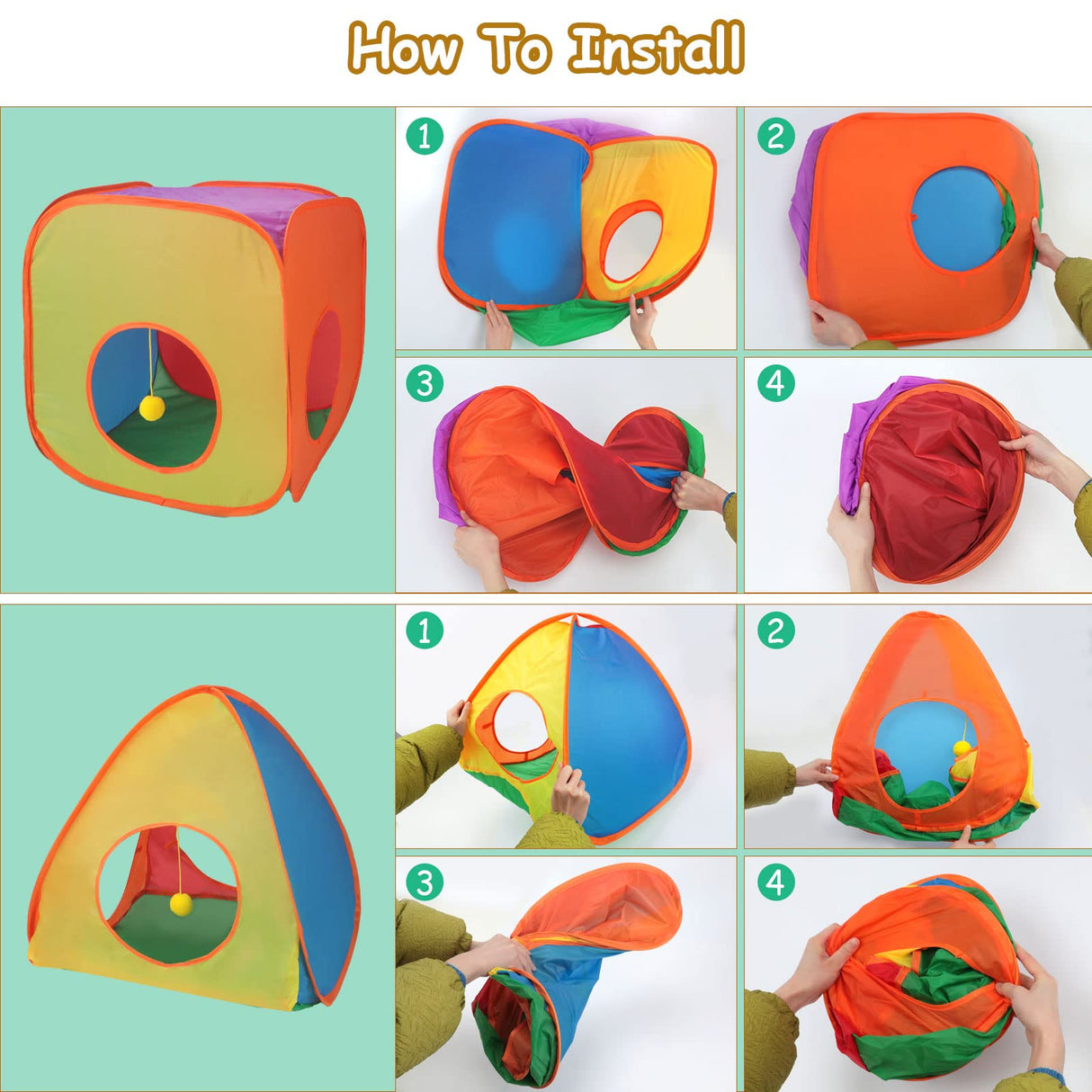 YUEPET Rabbit Tunnel and Cube Collapsible Tent Bunny Interactive Crinkle Tunnel Toys Small Animal Hideout with Play Ball for Dwarf Rabbit Bunny Guinea Pig (Rainbow)