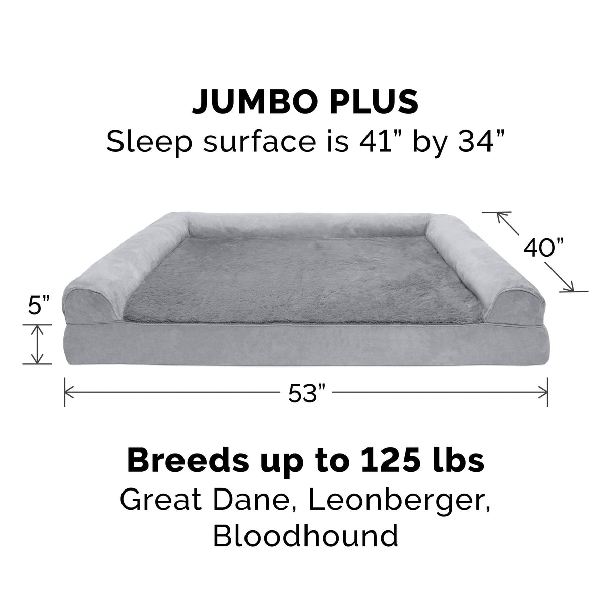 Furhaven Orthopedic Dog Bed for Large Dogs w/ Removable Bolsters & Washable Cover, For Dogs Up to 125 lbs - Plush & Suede Sofa - Gray, Jumbo Plus/XXL