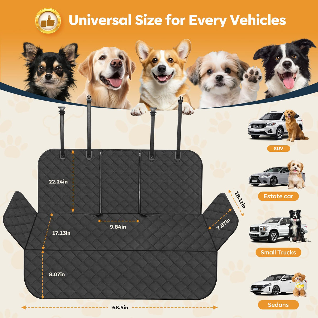Eamefia Dog Car Seat Cover for Back Seat,New Upgraded Thickened Dog Car Seat Cover,Waterproof and Wear-Resistant Bench Back Seat Cover with Non-Slip Pad,Universal Size Fits Cars, Trucks, SUVs