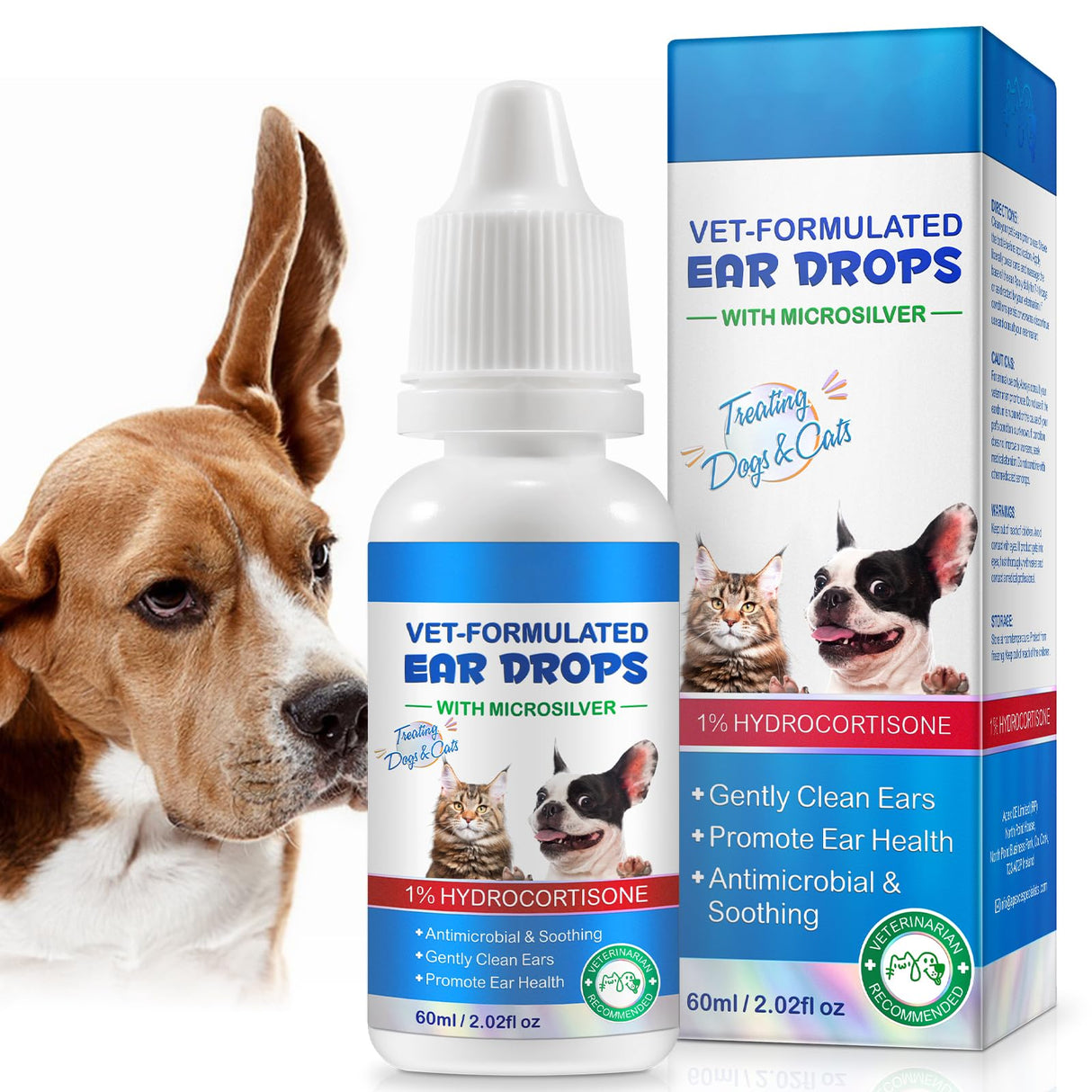 Dog & Cat Ear Infection Treatment Drop with 1% Hydrocortisone for Dog Yeast Ear Infections, Soothes Itchy Ears, Prevents Infections, Safe for Puppies, Adult, Ear Drops for Dogs & Cats 2 fl oz.