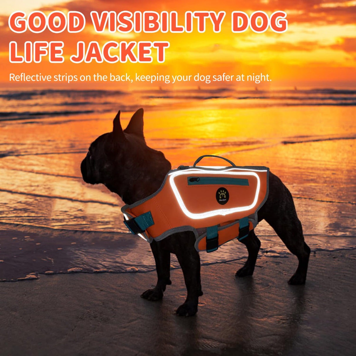 Sheripet High Buoyancy Life Jacket for Dogs, Dog Life Vest for Swimming Adjustable Reflective Dog Floating Vest, Good Visibility Pet Life Preserver with Rescue Handle for Medium Dogs, Orange, M
