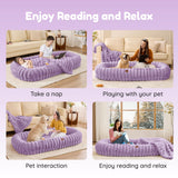 ChiXnuggle Human Dog Bed for Adult - Luxury Striped Faux Fur Giant Dog Bed with Portable Handle, Egg Orthopedic Foam Pad with Thick Blanket, 72"x40"x10", Purple