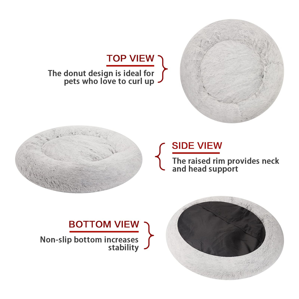 Bedfolks Calming Donut Dog Bed, 23 Inches Round Fluffy Dog Beds for Small Dogs, Machine Washable Anti-Anxiety Plush Puppy Bed（Light Grey, Small）