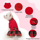 BEAUTYZOO Girl Dog Sweater Dress, Cable Knit Dog Sweater for Small Dogs Girl - Turtleneck Pullover Sweaters with Plaid Skirt & Bowtie, Warm Dogs Knitted Dress for Cold Weather Winter Christmas, Red
