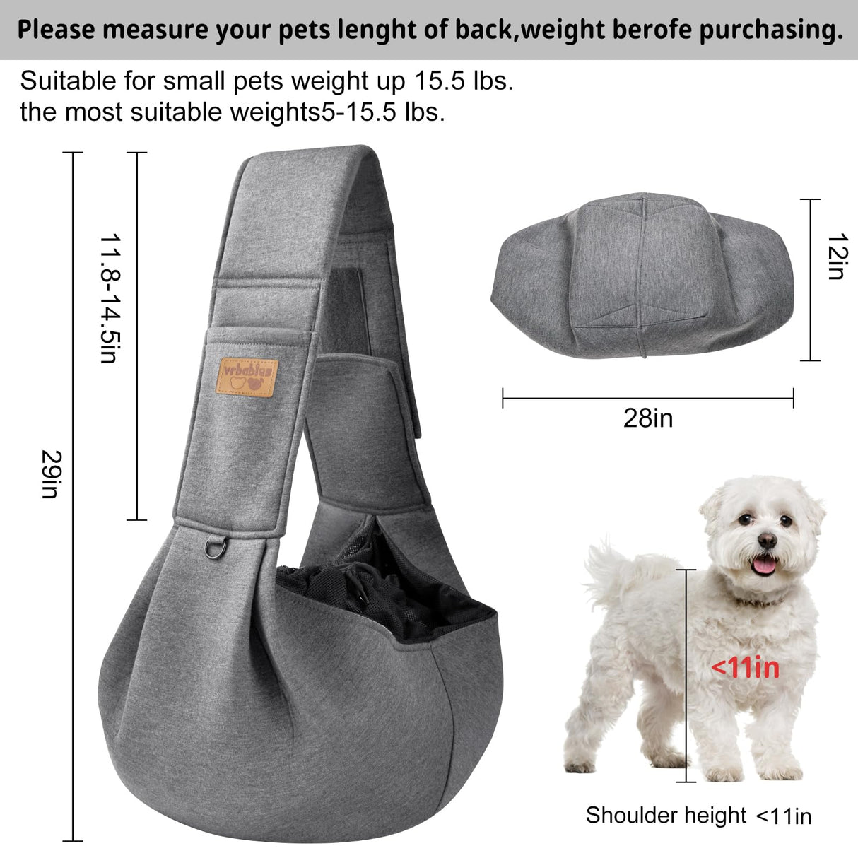 vrbabies Dog Sling Carrier for Small Dogs, Soft Adjustable Wide Strap Pet Dog Bag with Safe Mouth, Hand Free Front Carrying Puppy Cat Dog Kangaroo Pouch Carrier for Traveling