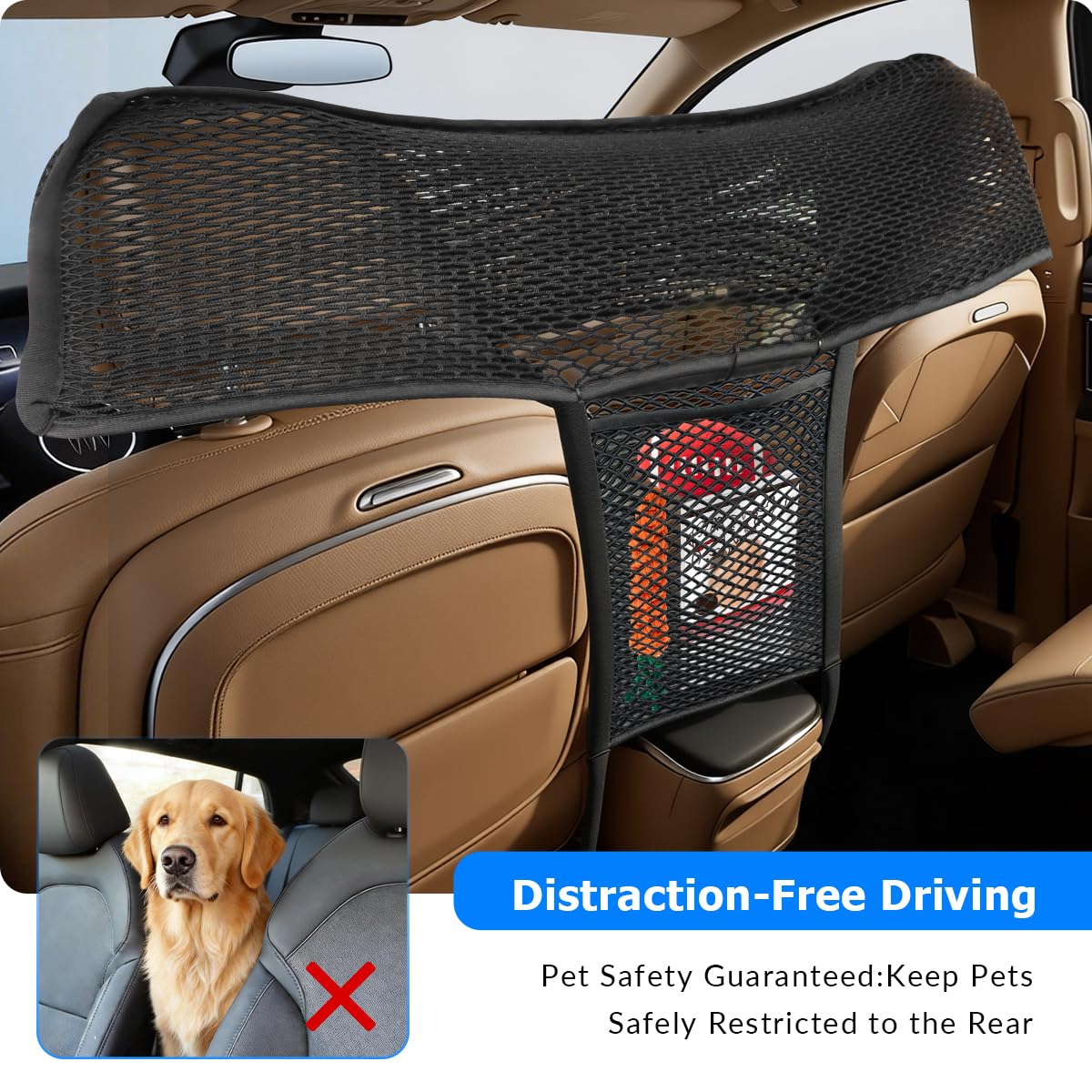 LITTOU Car Dog Barrier Net Car Mesh Organizer Back Seat Divider for Dog Easy Install 2 Pieces (for Split Seats)