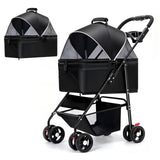 3-in-1 Pet Stroller for Small/Medium Dogs Cats,4 Wheels,Detachable Carrier Basket,Breathable Mesh,Storage Basket,Cup Holder,Weather Cover,Black,44 lbs Capacity