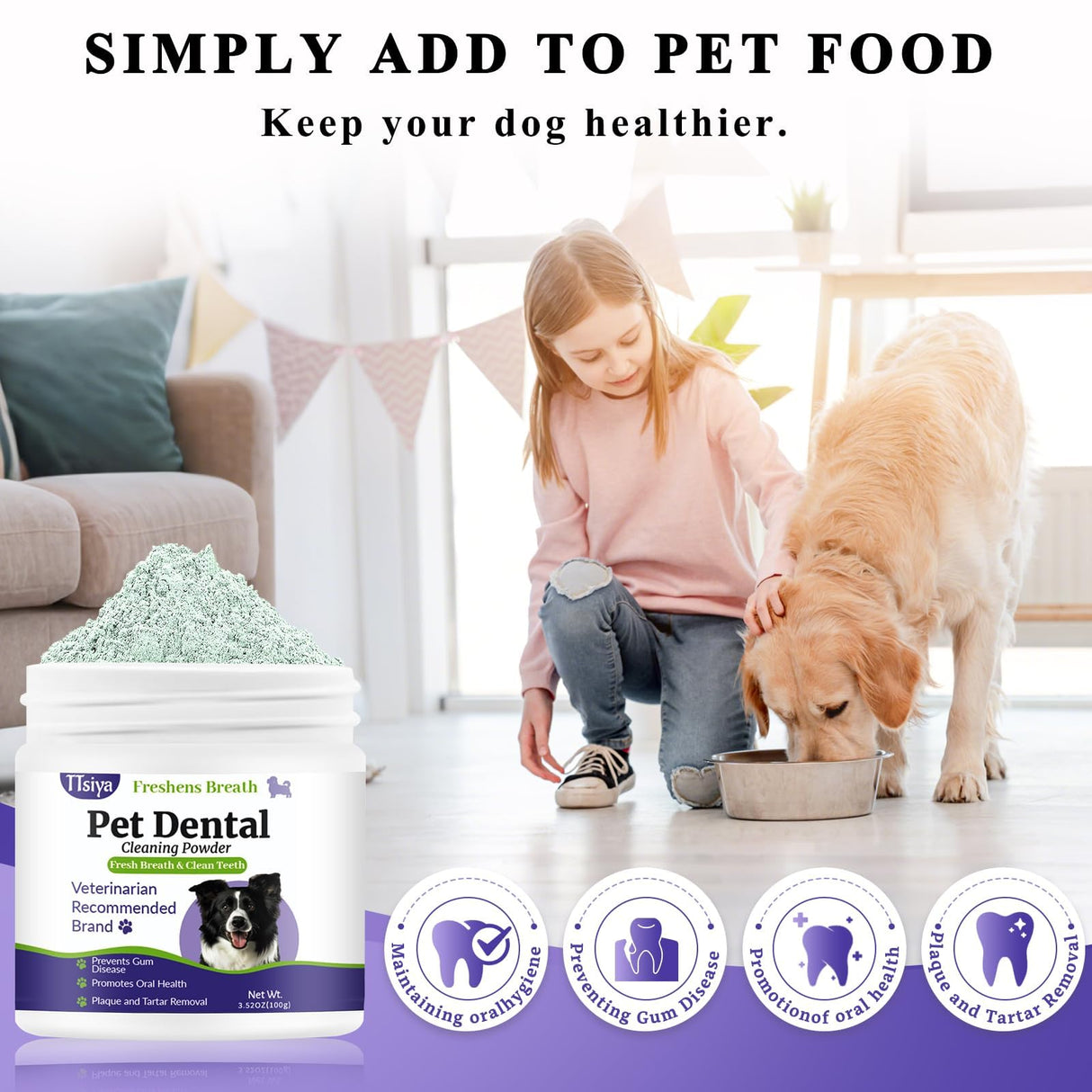 TTsiya Dog Teeth Cleaning Powder, Pet Dental Powder -Dental Care, Dogs Breath Freshener with Probiotics for Tartar & Reduces Plaque & Bad Breath Teeth Cleaning for Small, Medium, Large Dogs 100g