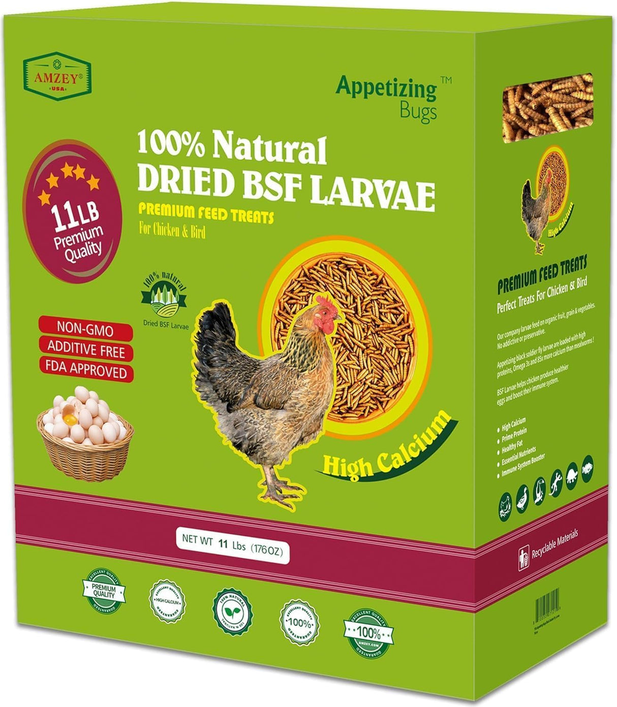 Amzey 11 LBS Dried Black Soldier Fly Larva - 100% Natural BSF Larvae - 85X More Calcium Than Mealworms - High Calcium Treats for Chickens, Birds, Reptiles, Hedgehog, Geckos, Turtles