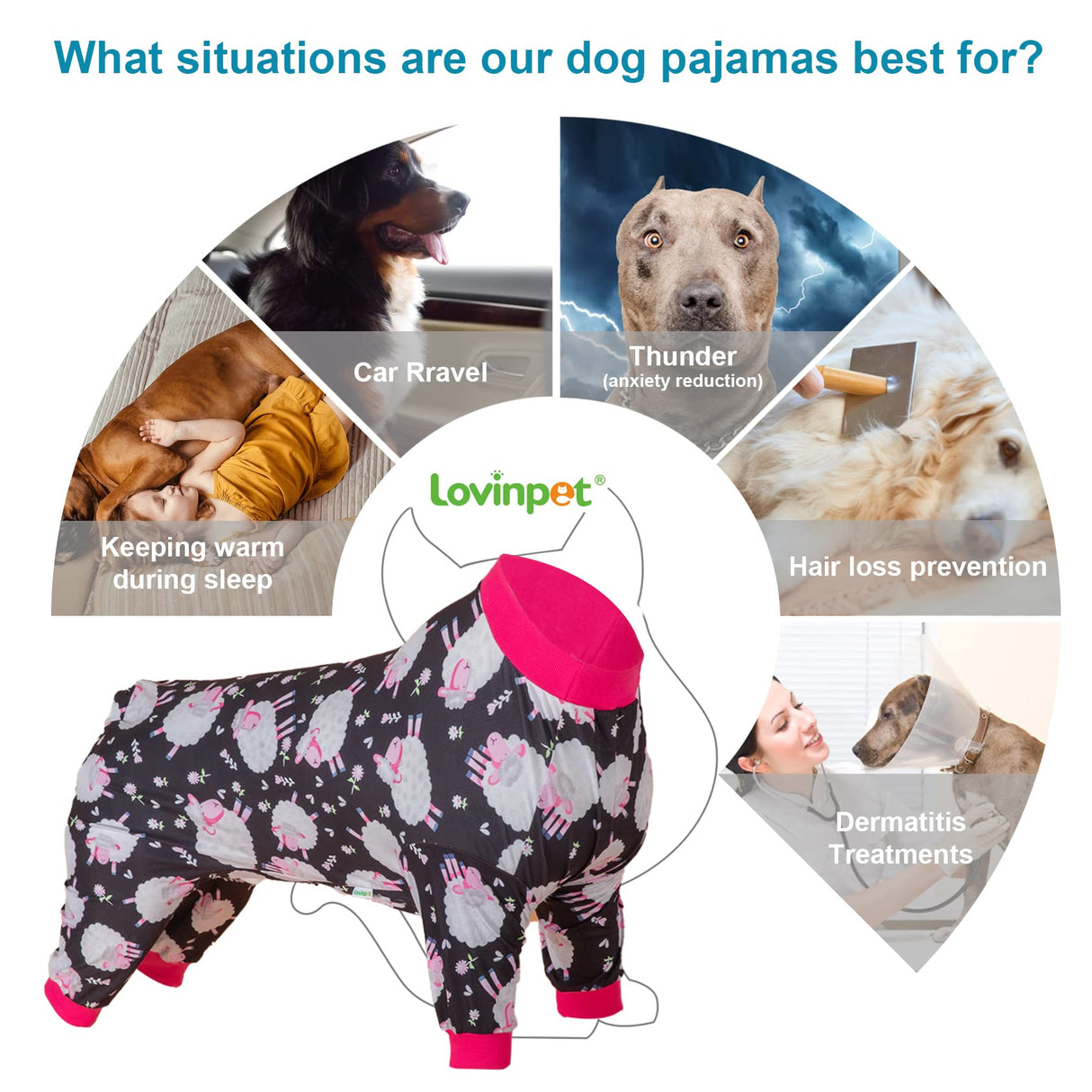 LovinPet Doberman Pajamas, Anxiety Calming Dog Jumpsuit, Lightweight Onesie, Black Sheep Print, Large Dog Pjs, Long Sleeve Pullover for Dogs/Medium
