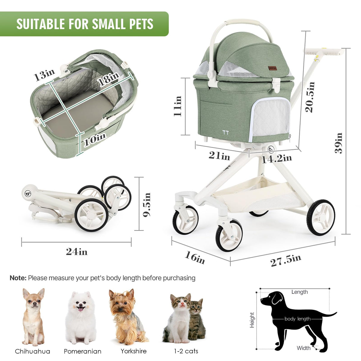 Beberoad Pets TT Lightweight Pet Stroller for Small Dogs & Cats - 4-Way Installation Carrier, One-Hand Fold, 180° Canopy Cover & Adjustable Handle (Green)