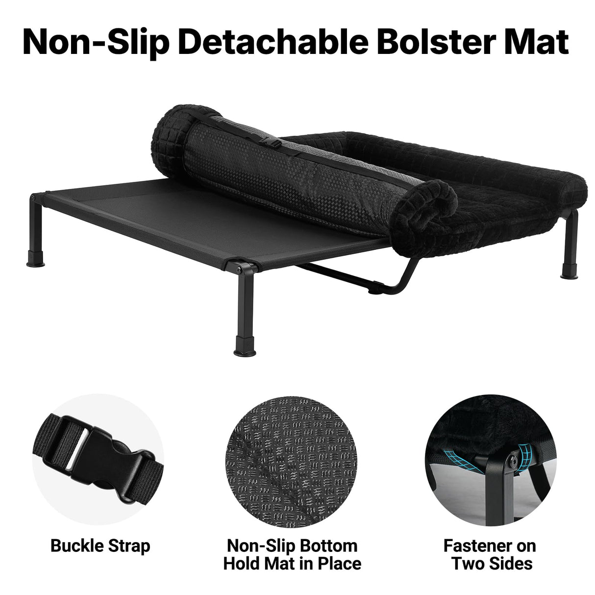 Veehoo Elevated Dog Bed Large Sized with Fluffy Plush Bolster Cushion, Washable Orthopedic Dog Couch Bed, Cooling Raised Pet Cot with Removable Mat, Breathable Mesh, No-Slip Feet, 48x 37 inches, Black
