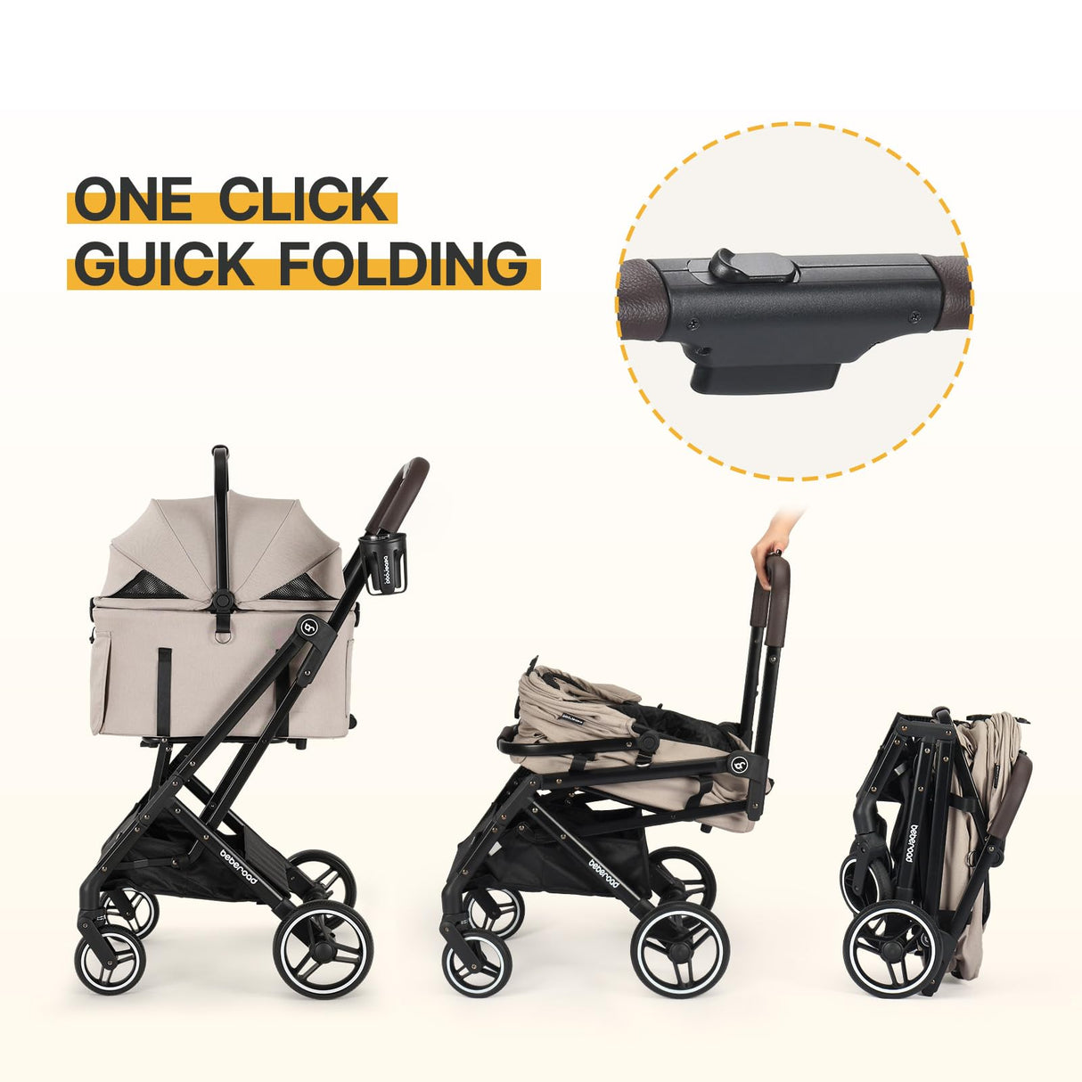 Beberoad Pets X2 Pet Stroller, Dog Cat Stroller for Small Pets, Equipped with Detachable & One-Click Folding Carrier, Waterproof Pad & Sunshade Canopy,Camel
