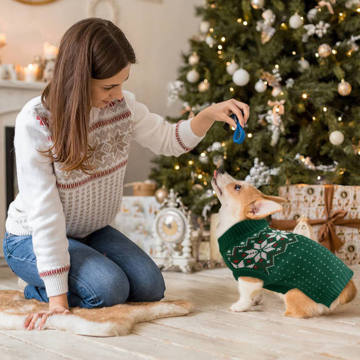 Kuoser Dog Christmas Sweater, Soft Warm Xmas Sweaters for Small Medium Large Dogs Boy Girl, Comfortable Dog Sweater with Leash Hole Snowflake Puppy Knit Outfit for Holiday Winter Fall, Green 2XL