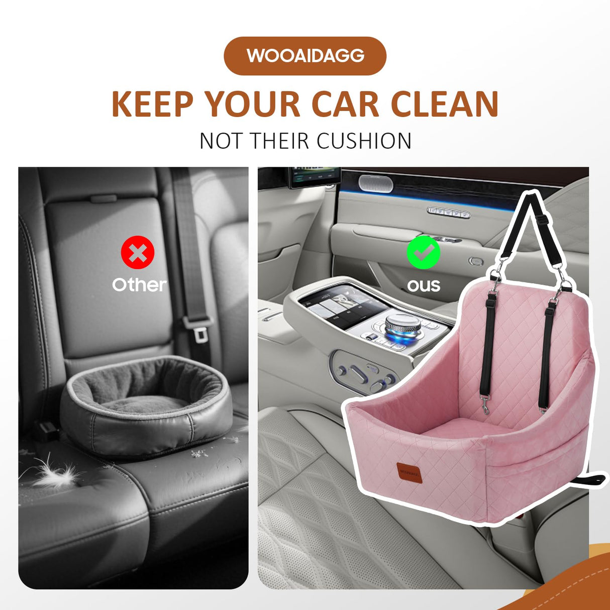 WOOAIDAGG Dog Car Seat for Medium Dogs, Pet Travel Bed with Seat Belt Channel, Fully Detachable and Washable, 3 Straps Easy to Install (Pink)
