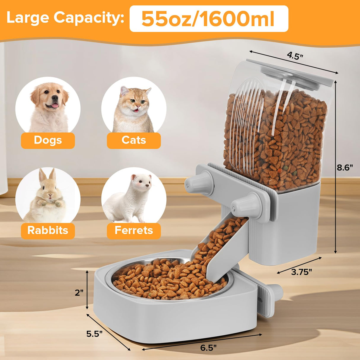 Kenond 55oz Hanging Automatic Rabbit Feeder, 1.6L Large Capacity Gravity Food Dispenser with Stainless Steel Bowl,for Dog, Cat, Ferret & Medium-Small Animals,Fits Widemouth Cages& Wire Cages & Crates