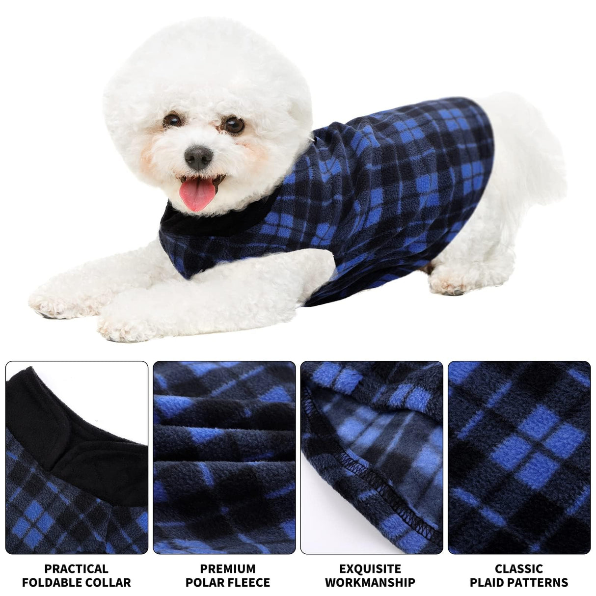 Pedgot 6 Pieces Warm Fleece Vest With Leash Ring - Dog Sweatshirt Winter Pet Clothes Plaid Pullover for Puppy Small Dogs Cat, Large