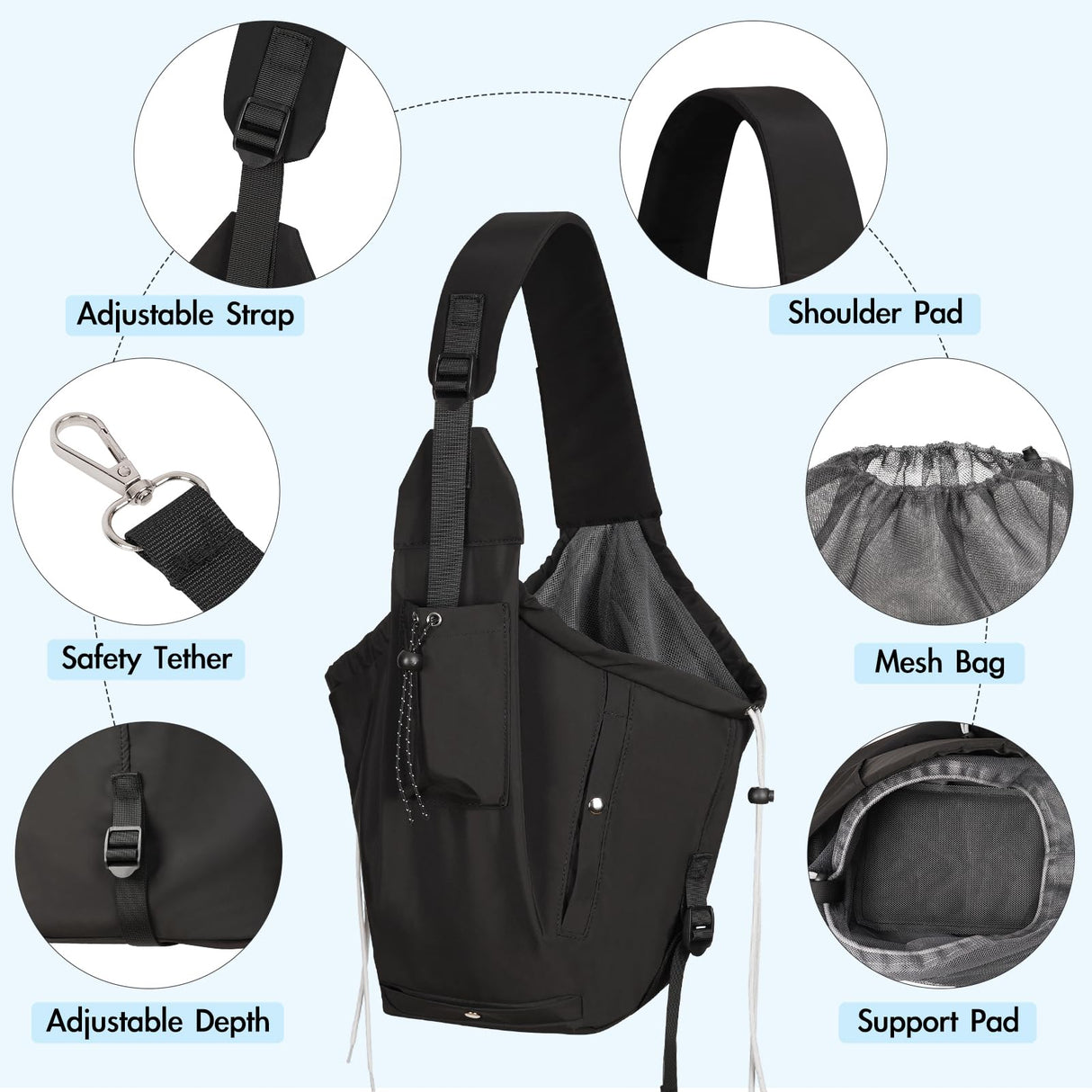 Creproly Dog Carrier Sling, Dog Carriers for Small Dogs & Cats with Pockets, Puppy Carrier Sling 15 lbs Machine Washable, Adjustable Shoulder Strap, Hands Free for Family Outdoor Use (Black)