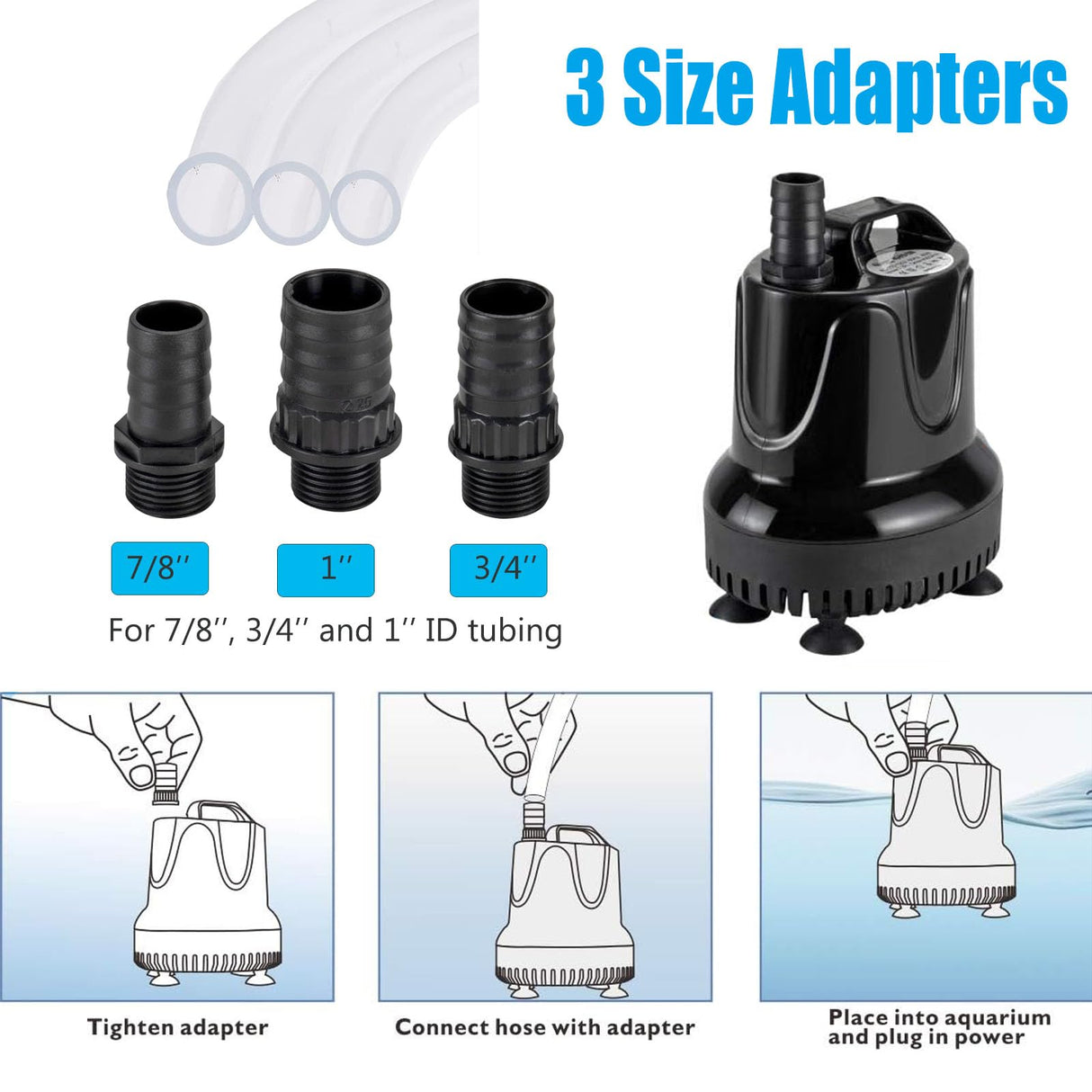 hygger 1060 GPH Quick Water Change Aquarium Pump Submersible Fountain Water Pump Fish Tank Pond Drain Transfer Pump with 2 Adaptors Black