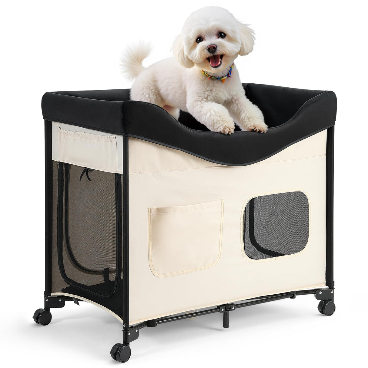 VEVOR Bedside Lounge Pet Bed, Foldable Bunk Dog Bed with 600D Oxford Cloth and Dutch Velvet, Portable Raised Cot with Wheels, Side Storage Bags, and Carry Bag for Cats & Dogs, L, Beige