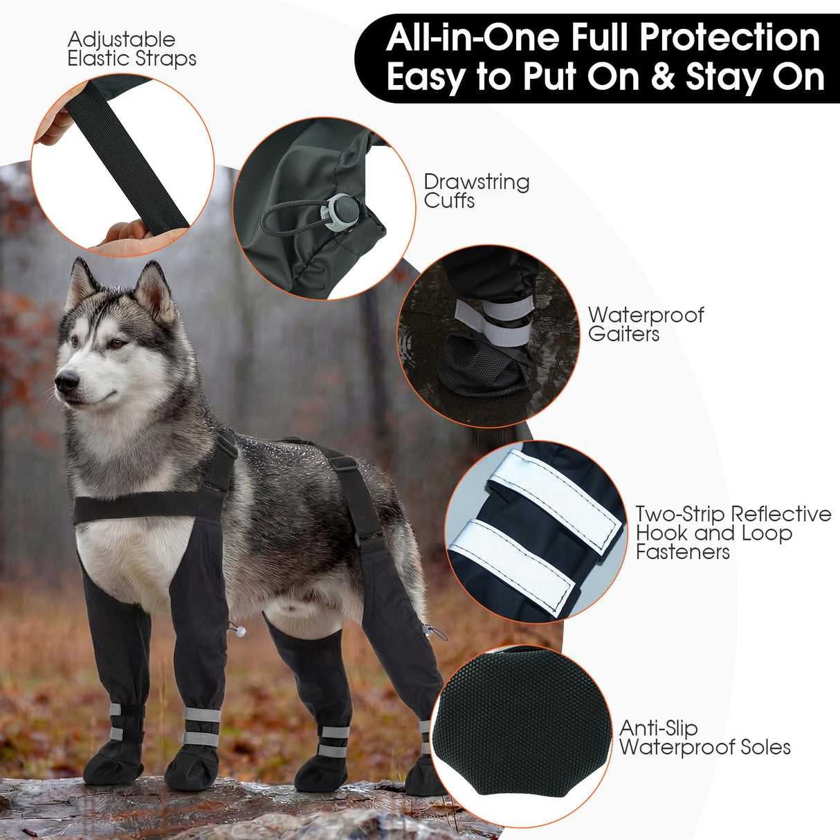 Pezluxe Dog Suspender Boots, Waterproof Anti-Slip Dog Rain Boots with Adjustable Strap for Small Medium Large Dogs, Reflective Paw Protector Pet Shoes for Outdoor Walking, Rain Snow Hiking, Black, L