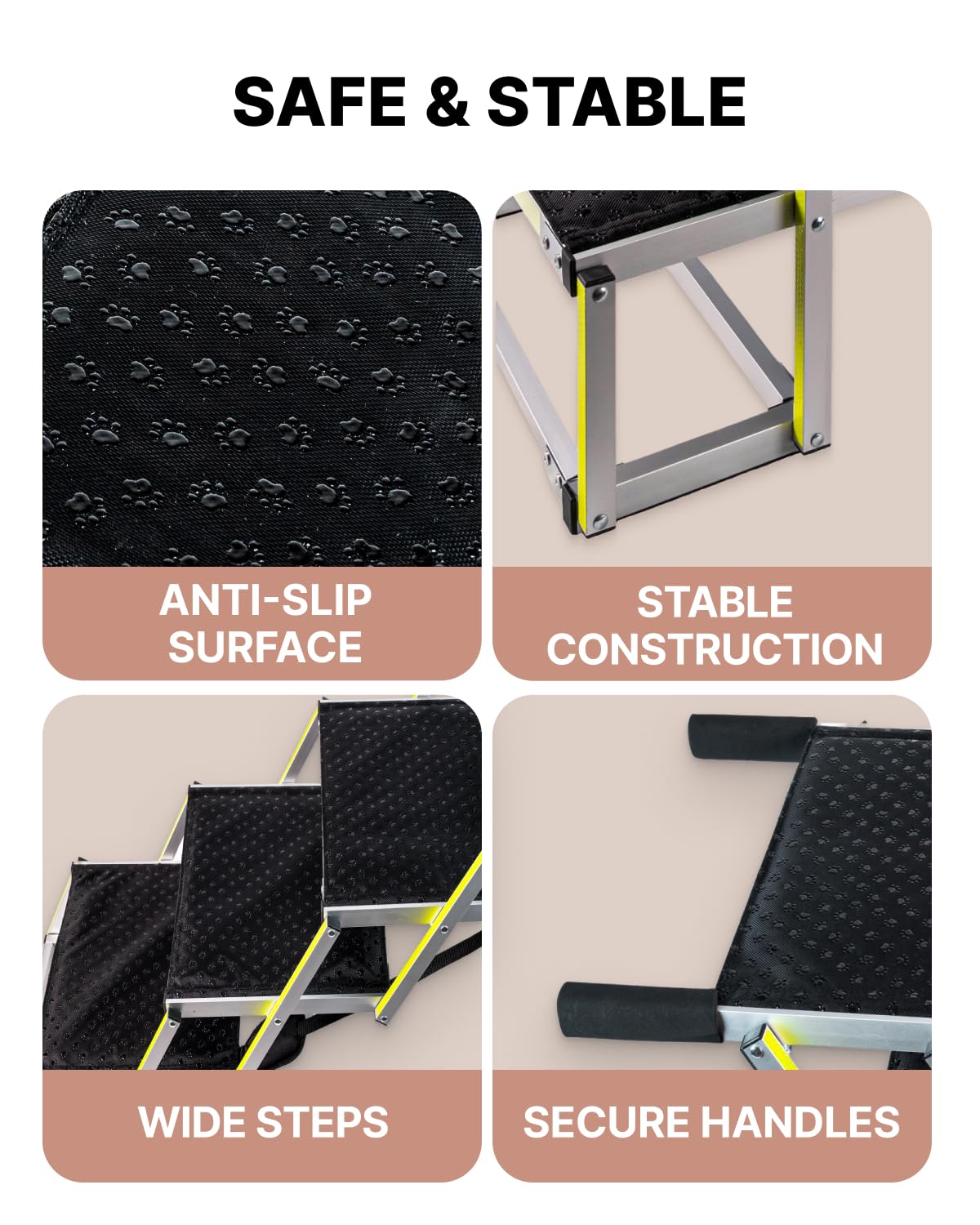 Owleys Dog Stairs for Large Dogs and Small - Glow in The Dark Marking - Car Ramps for Large Dogs up to 180 lbs - Non-Slip Surface - Foldable Dog Ramp for All Cars 4 Steps