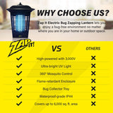 ZAP IT! Electric Bug Zapper Lantern - Indoor and Outdoor Plug-in 360 Degree Mosquito Control, Insect and Fly Killers | UV Light and Electric Shock Mosquito Killer Lamp | Includes Bug Collector