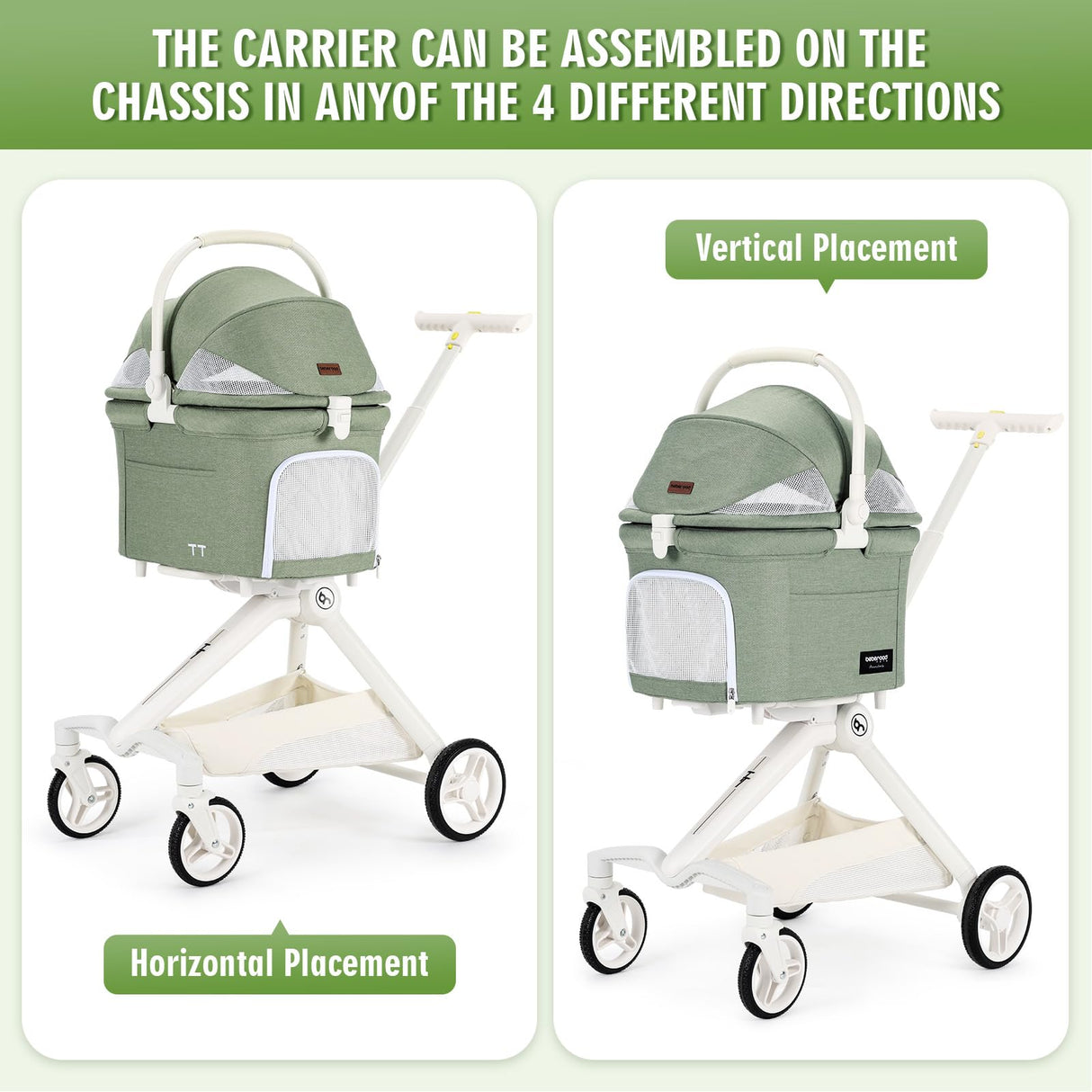 Beberoad Pets TT Lightweight Pet Stroller for Small Dogs & Cats - 4-Way Installation Carrier, One-Hand Fold, 180° Canopy Cover & Adjustable Handle (Green)