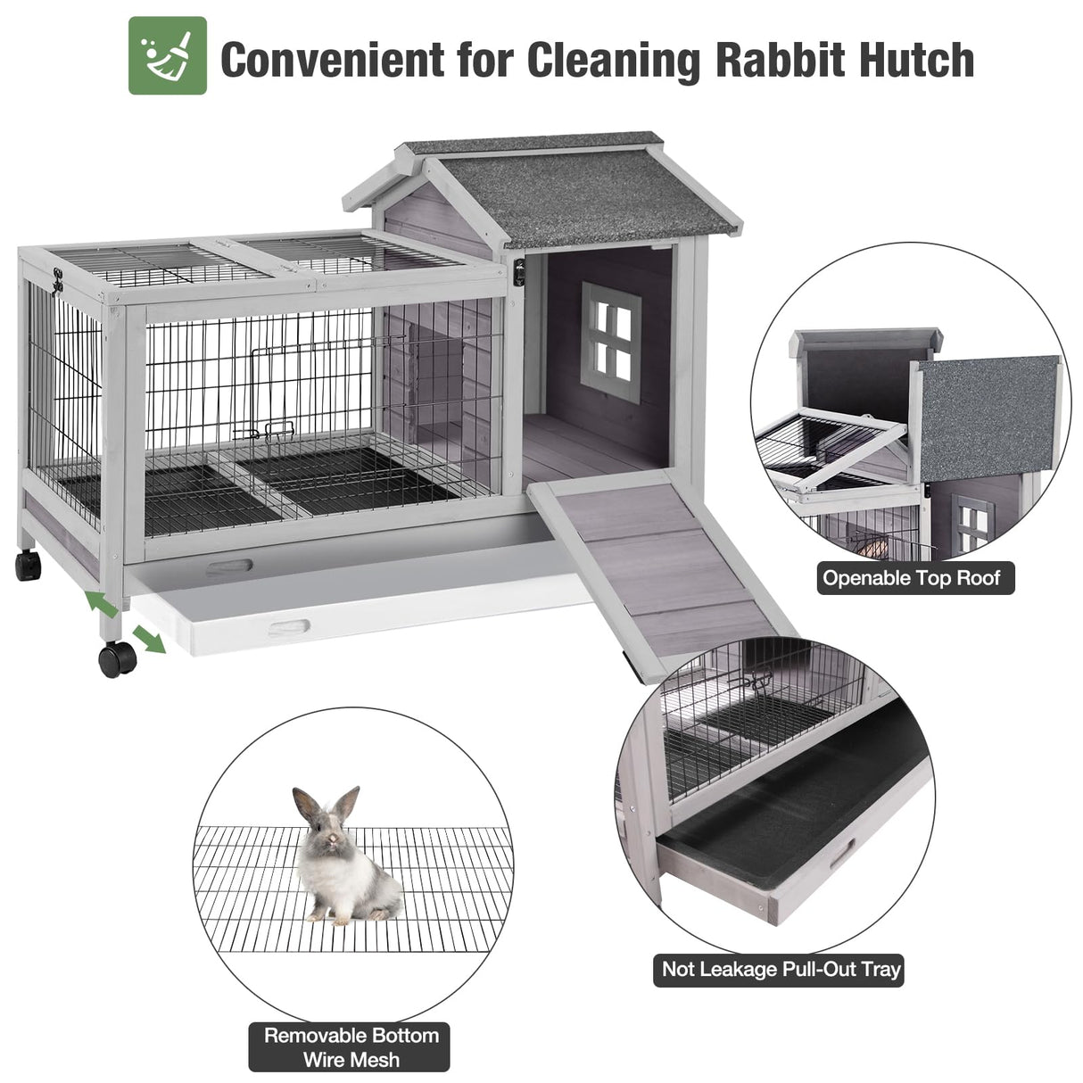Wooden Rabbit Hutch Indoor and Outdoor, Rabbit Cage with Removable Wire Netting and Leak Proof Tray, Mobile Bunny Cage with Wheels