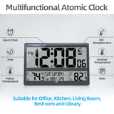 LFF Atomic Clock, Never Needs Setting, Battery Operated, Atomic Wall Clock with Indoor/Outdoor Temperature, Wireless Outdoor Sensor, Large Display Digital Calendar Clock for Elderly