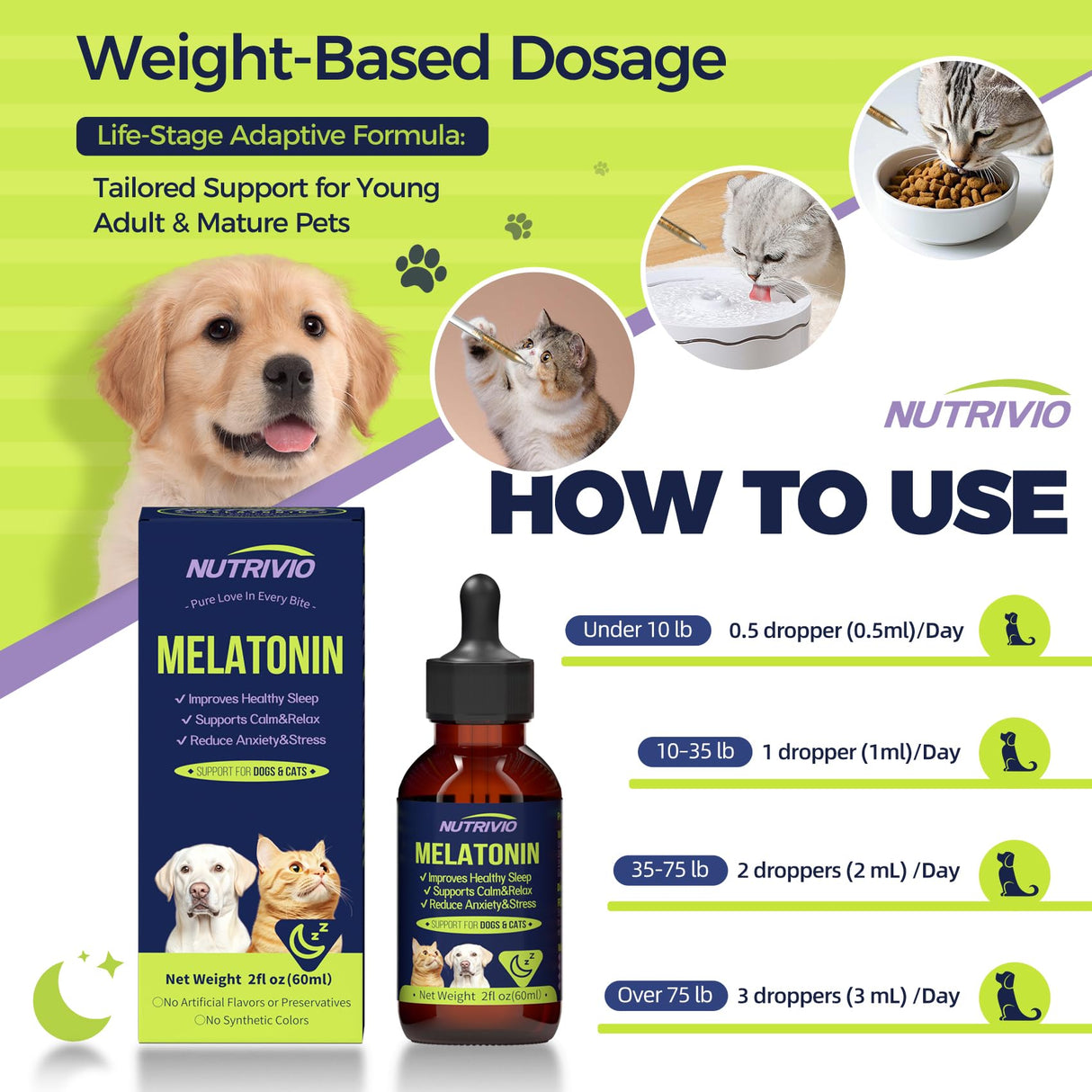 Nutrivio Liquid Melatonin for Dogs and Cats, Cat Melatonin, Dog Sleep Aid, Dog Anxiety Relief, Calming Behavior in Pets, Helps Restful Sleep, Small & Large Dogs, Bacon Flavor (60ml)