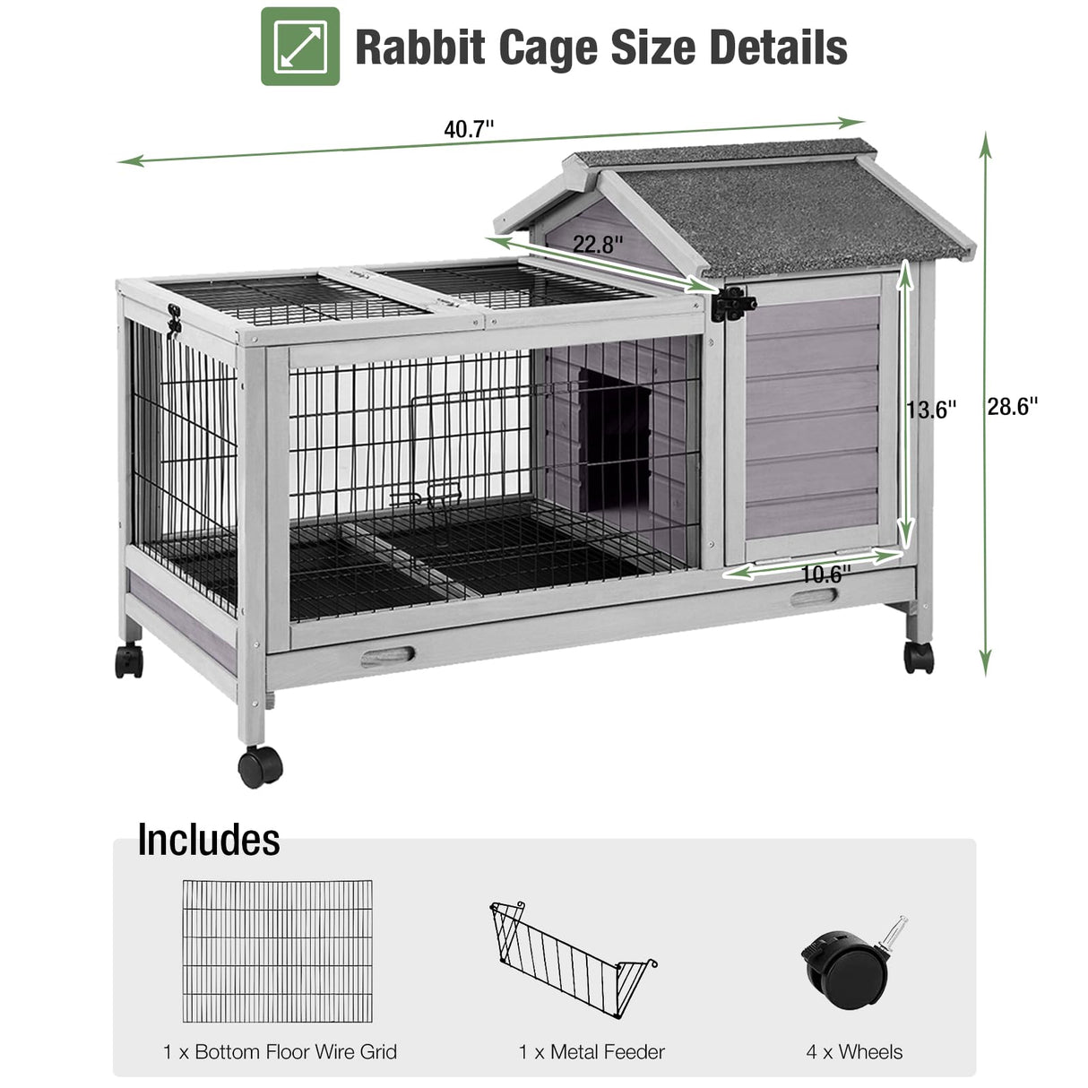 Wooden Rabbit Hutch Indoor and Outdoor, Rabbit Cage with Removable Wire Netting and Leak Proof Tray, Mobile Bunny Cage with Wheels