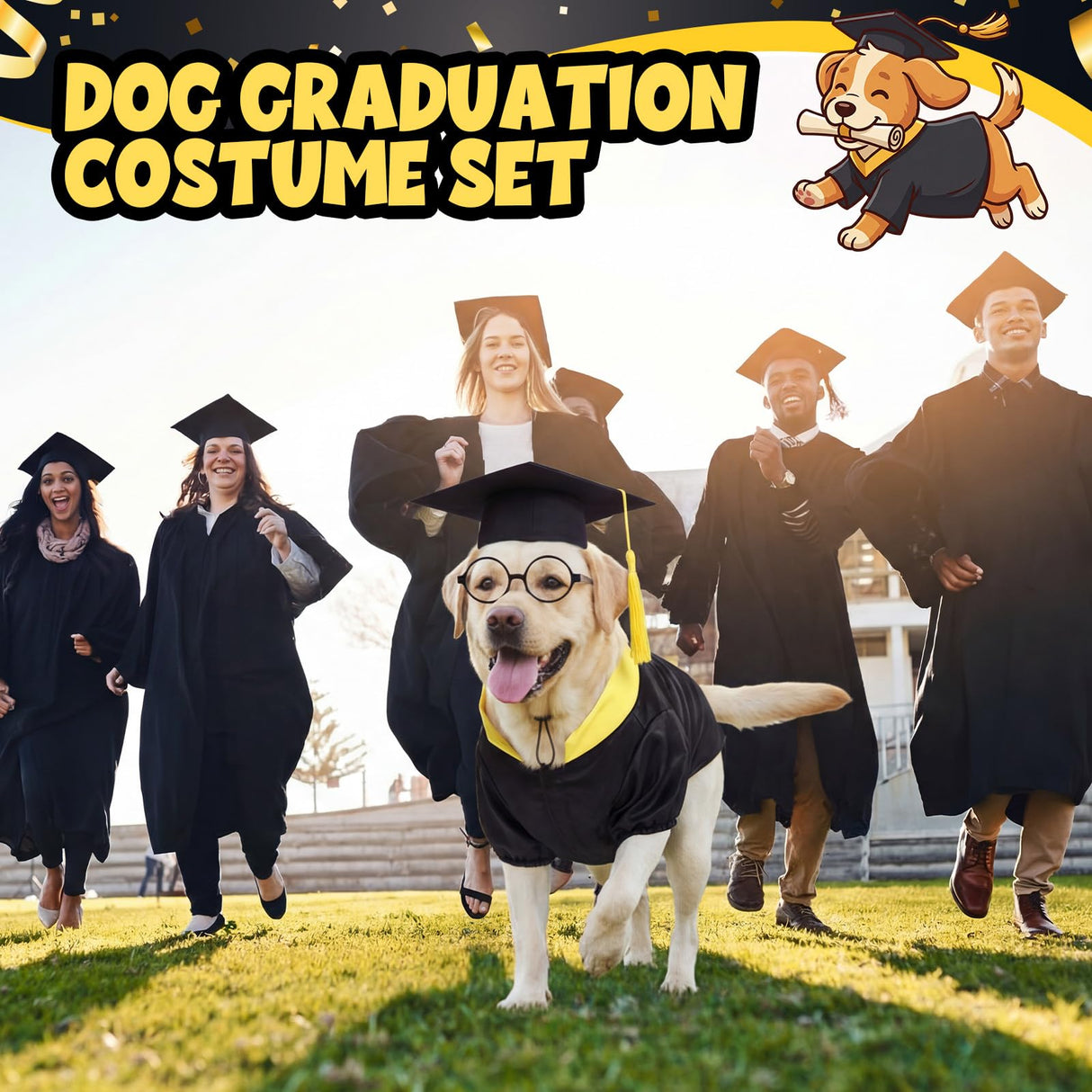 Huhumy 3 Pcs Dog Graduation Costume Set Include Pet Graduation Gown Adjustable Puppy Grad Cap with Gold Tassel Lensless Glasses for Dogs Cats Holiday Costume Accessory(Black,XL)