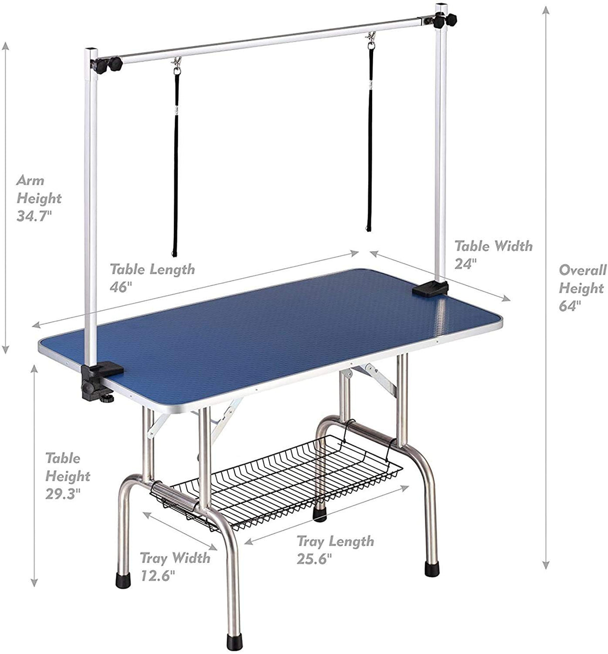 TRODEP 46" Dog Grooming Table Foldable Pet Grooming Tables with Adjustable Arm Noose Storage Mesh Tray Maximum Capacity Up to 330lbs Blue