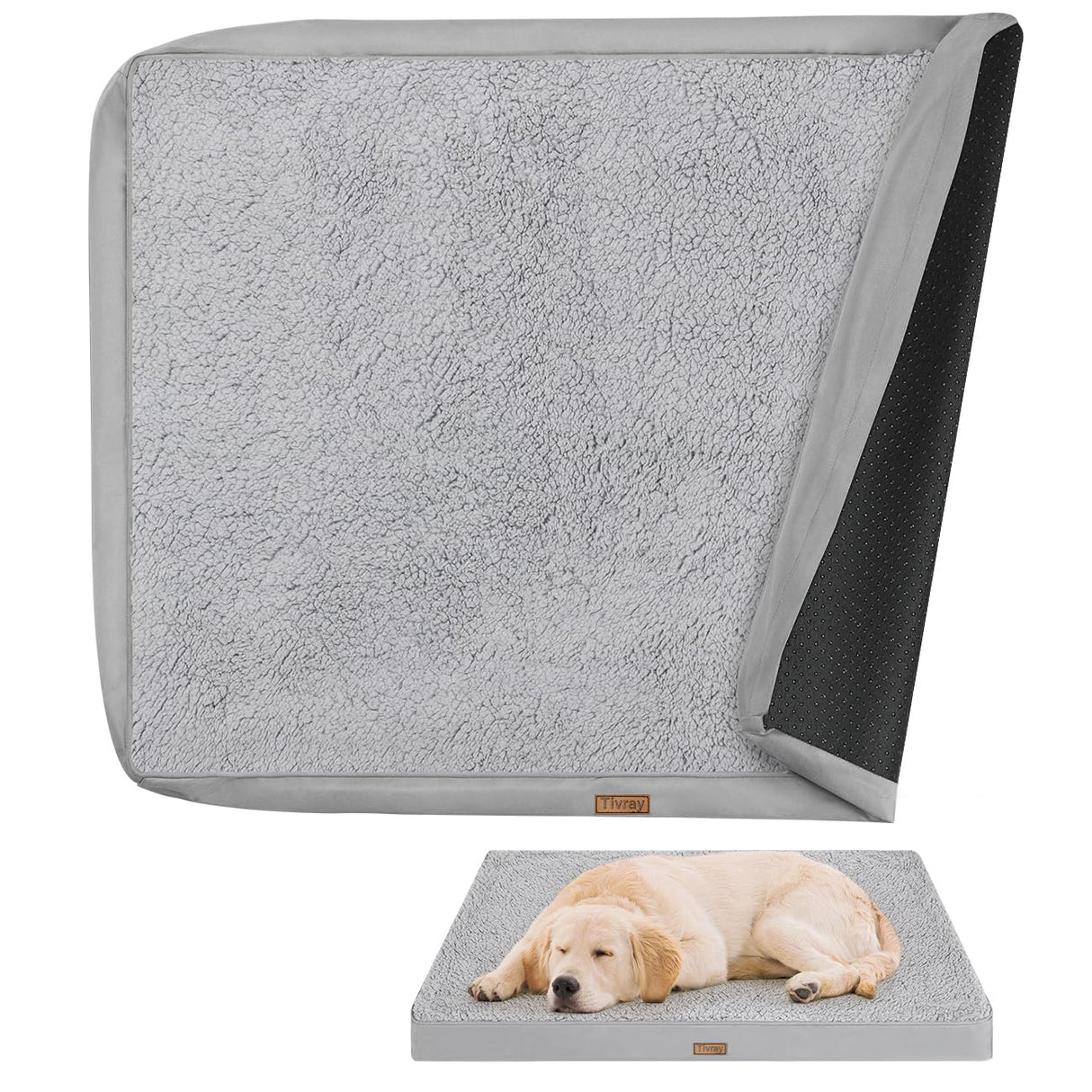 Tivray Dog Bed Cover, Washable Replacement Large Dog Bed Sheet with 3-Sided Continuous Zipper, Waterproof Liner, Soft Plush, Pet Mattress Fluffy Protector, 41x27x3 inches - M, Cover Only Grey