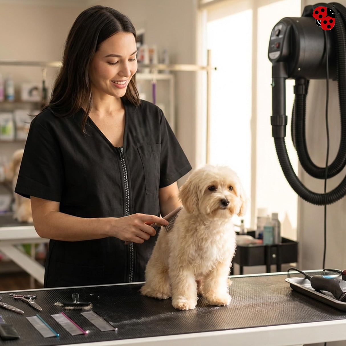 Ladybird Line 650 V Neck Adjustable Rhinestone Zipper Pet Grooming & Styling Jacket, Pleated Back Detail, 2 Front Pockets, Water Resistant, Bleach Hair Resistant Smock Pet Groomers Hair Stylists - XS