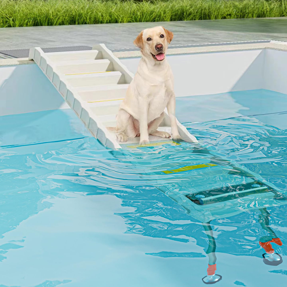 Foldable Dog Pool Ramp with 33" Legs for Free Height Adjustment,Safe & Easy Access Dog Water ramp for Pool, Pool Ramp for Dogs Up to 200lbs (White)