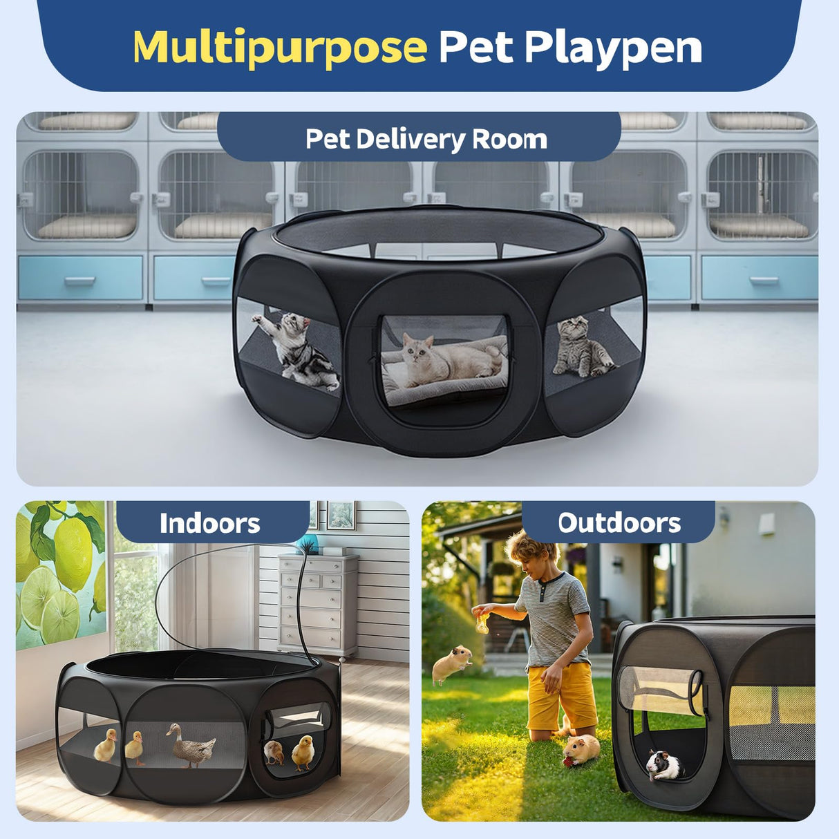 VavoPaw Small Animal Playpen, Chicken Brooder Box with Cover Top, Portable Outdoor Exercise Pet Cage Tent, Waterproof Breathable Pet playpen Indoor for Chick Ktiien Bunny Hamster Guinea Pig, Black