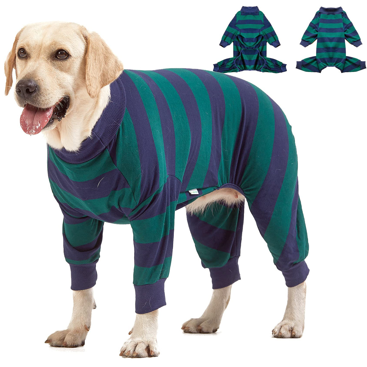 LovinPet Large Dog Pajamas Bodysuit, Lightweight Stretchy Knit Pullover Dog Onesie, Pet Pajamas for Dogs, Green and Black Stripe Print Dog Shirt, UV Protection, Stop Shedding for Dogs, Pet PJ's, 2XL