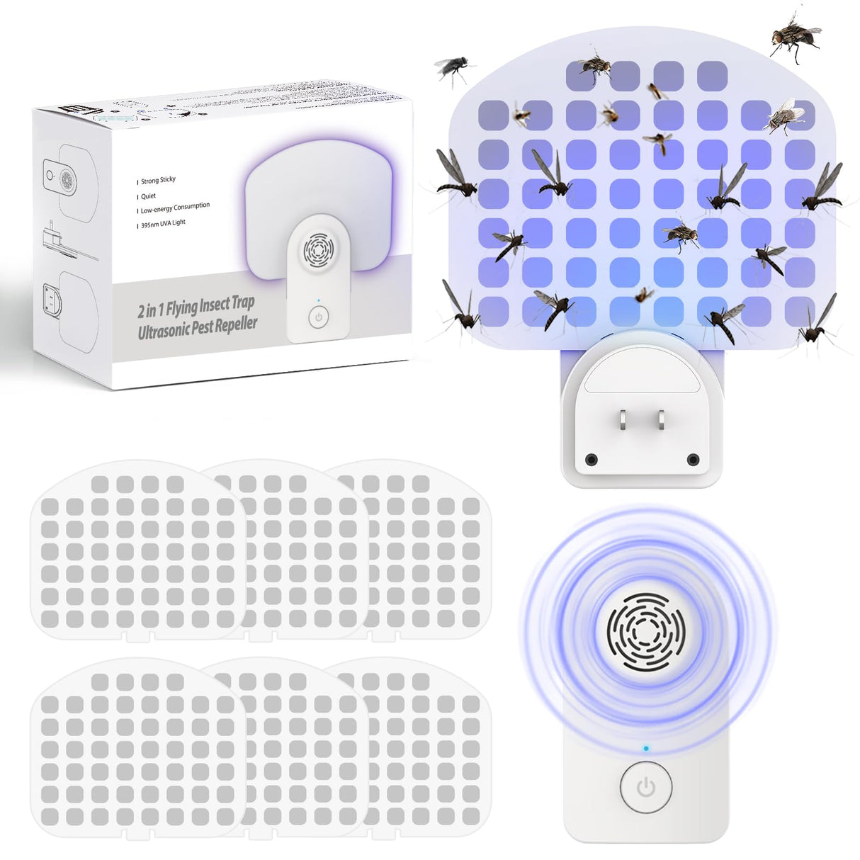 Flyxiregg 2 in 1 Flying Insect Trap Plug in & Ultrasonic Pest Repeller, Mosquito Zapper Indoor with Night Light UV Attractant Catcher, Safer Home Indoor Fly Trap(2 Devices + 6 Glueboards)