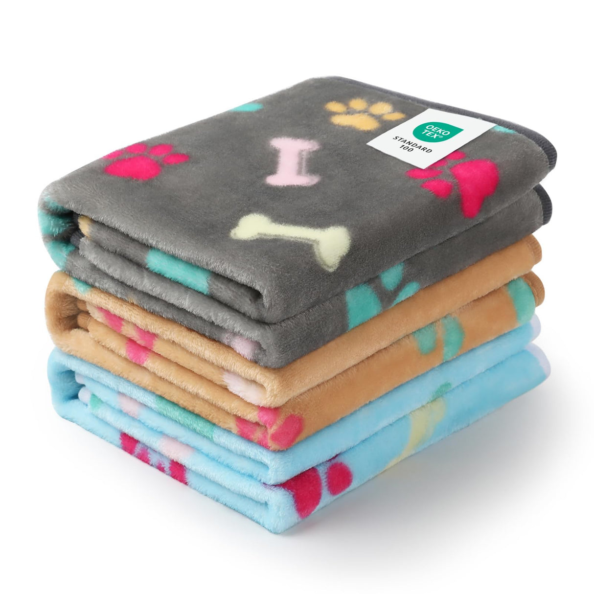 Luciphia 1 Pack 3 Blankets Fluffy Premium Fleece Pet Blanket Flannel Paw Printed Throw for Dog Cat(Large 41x31'', Grey/Brown/Blue)