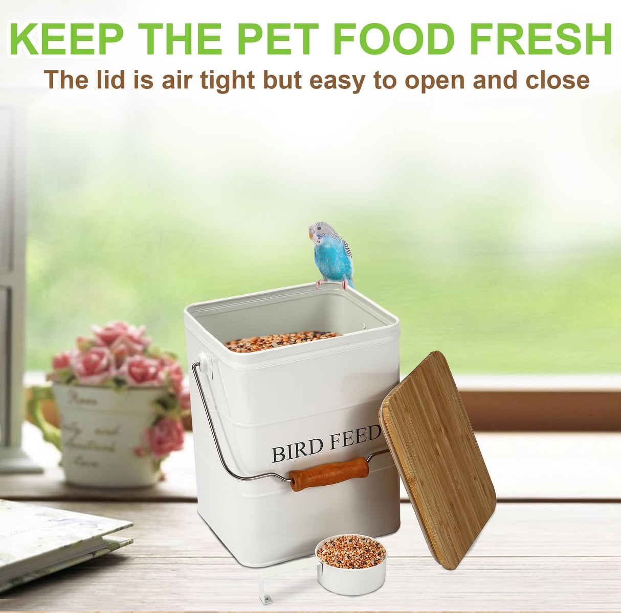 Brabtod Bird Seeds storage container,Bird Seed Container,Metal food tin for Birds, pet snacks Canisters with wooden lid/handle/sevice scoop,hold 5-6 lbs